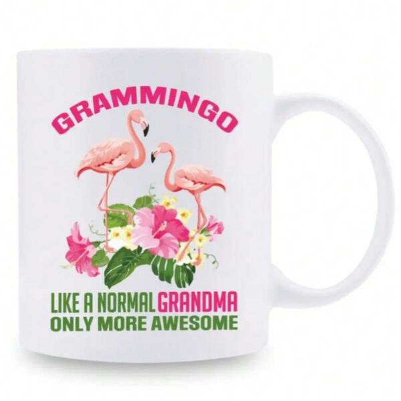 Tailorly White Ceramic 11 oz Mug - Grammingo Like A Normal Grandma Only More Awesome Elegant Pink Birds Standing Among Tropical Flowers And Green Leaves Flamingo
