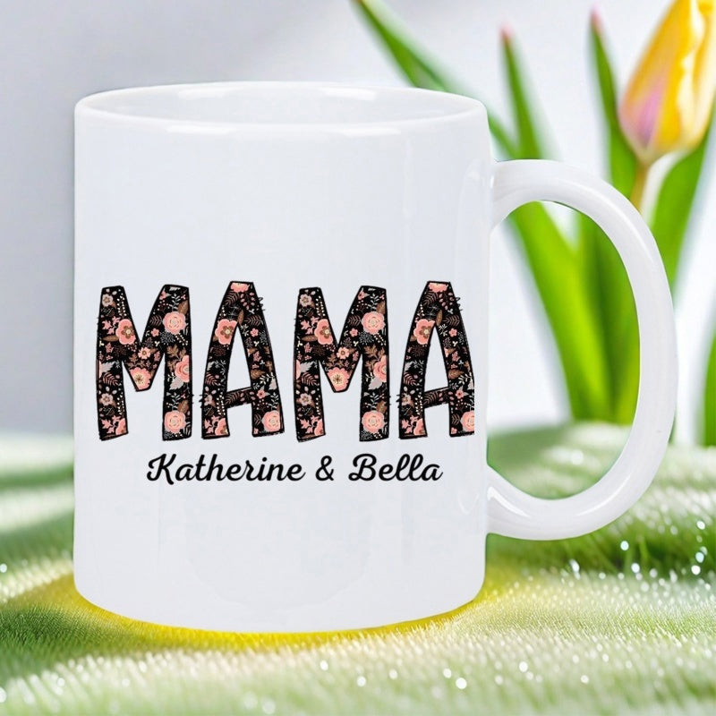 Tailorly White Ceramic 11 oz Mug - Mama Katherine Bella Bold Letters Filled With Intricate Floral Patterns Personalized Ceramic Mug