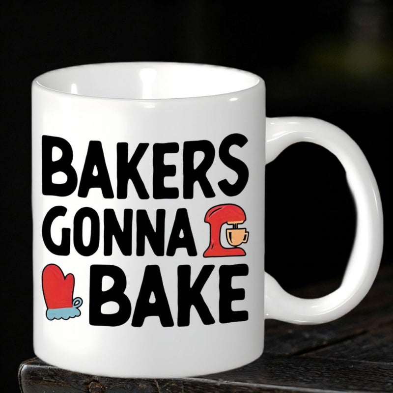 Tailorly White Ceramic 11 oz Mug - Bakers Gonna Bake Whimsical Kitchen Scene Featuring A Vibrant Red Stand Mixer And Mitt