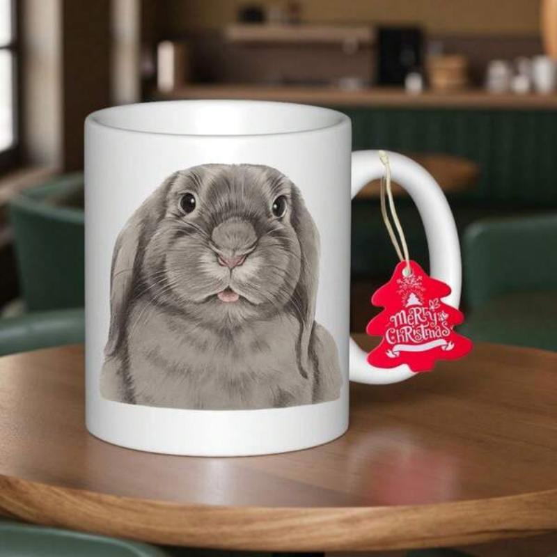 Tailorly White Ceramic 11 oz Mug - Realistic Detailed Grey Lop Eared Bunny Sitting With Soft Fur Rabbit
