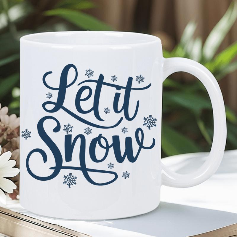 Tailorly White Ceramic 11 oz Mug - Let It Snow Decorative Navy Blue Script Amidst Delicate Falling Geometric Winter Ice Crystals Snowflake