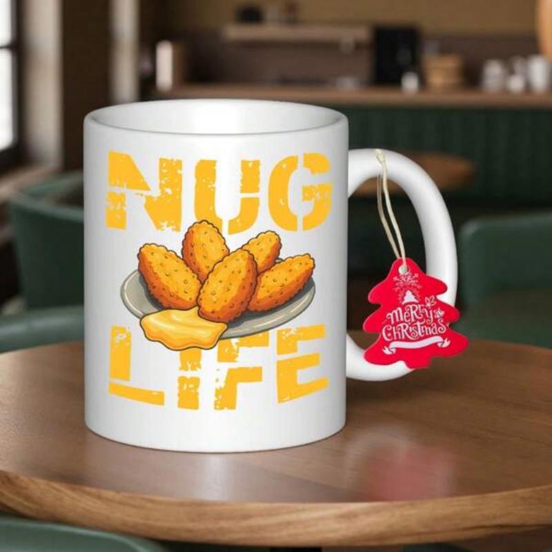 Tailorly White Ceramic 11 oz Mug - Nug Life Crispy Golden Chicken Nuggets Served On A Plate With Dipping Sauce Nugget