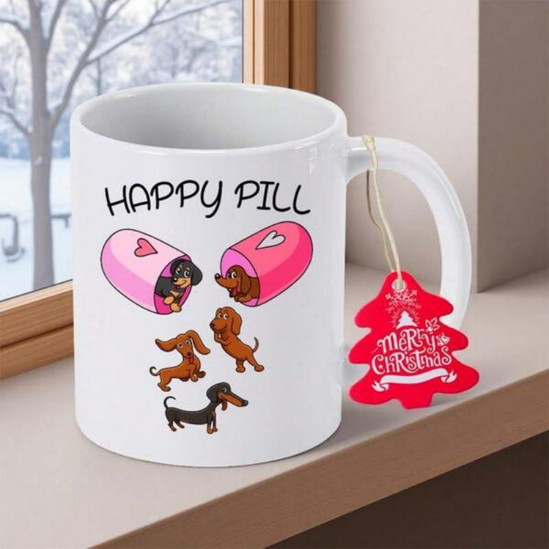 Tailorly White Ceramic 11 oz Mug - Happy Pill Five Small Puppies Tumbling Out Of A Heart Capsule Dachshund