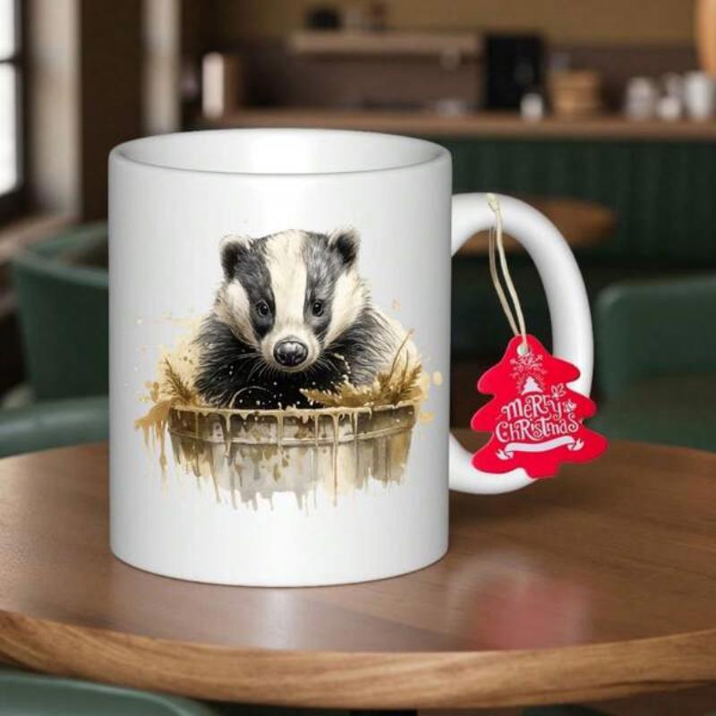 Tailorly White Ceramic 11 oz Mug - Merry Christmas Adorable Wildlife Resting Inside Rustic Wooden Bucket With Golden Straw Badger