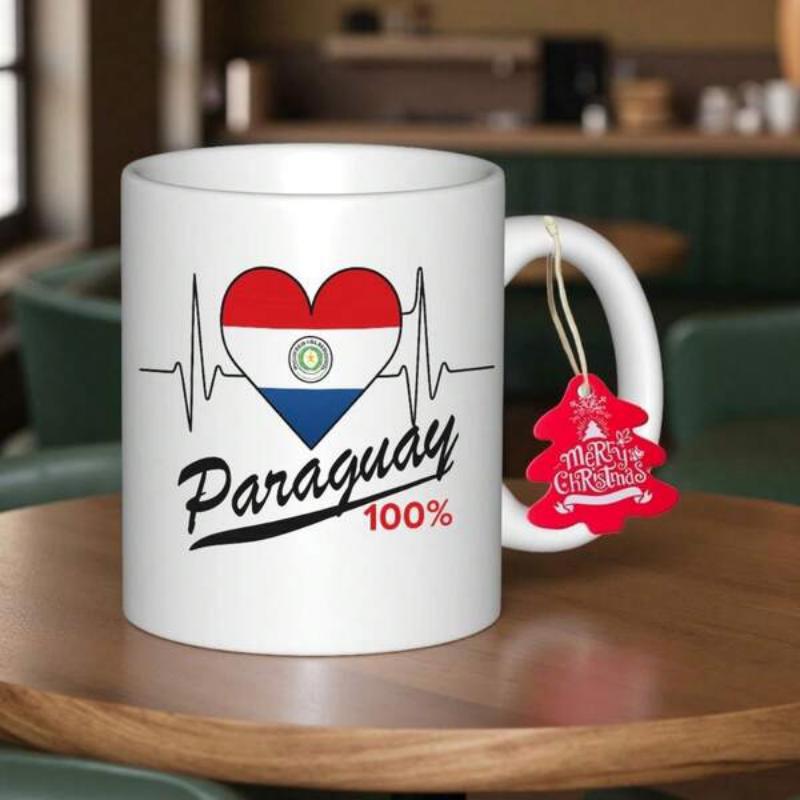 Tailorly White Ceramic 11 oz Mug - Paraguay 100 Patriotic Heart Design Featuring National Flag Colors And Pulse Line Heart