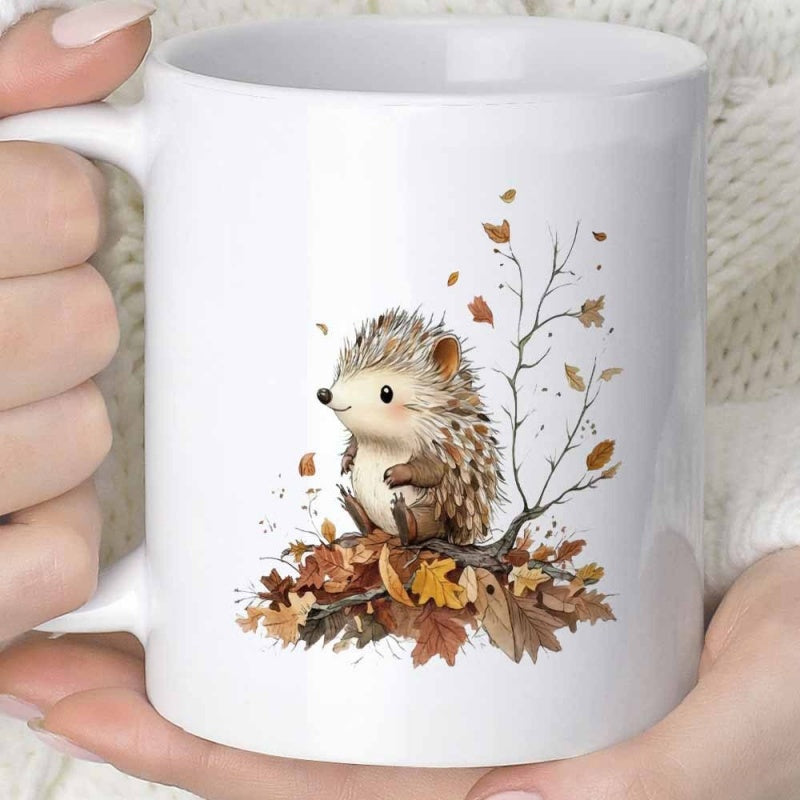 Tailorly White Ceramic 11 oz Mug - Adorable Tiny Creature Resting On Crisp Fallen Leaves Under Autumn Twigs Hedgehog