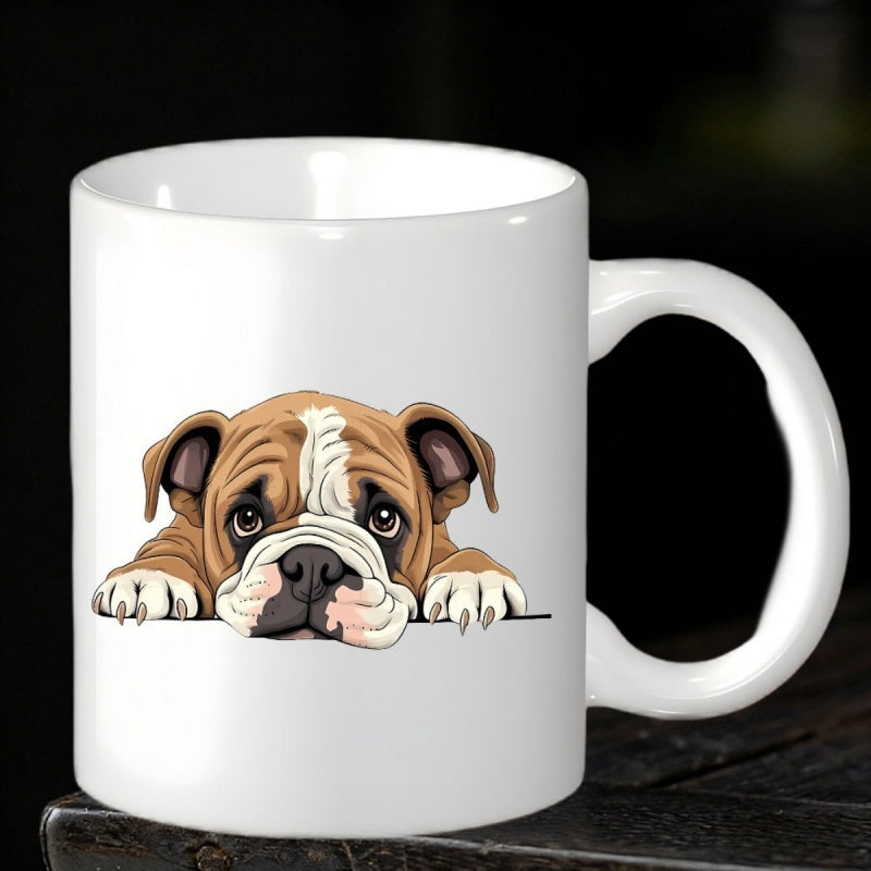 Tailorly White Ceramic 11 oz Mug - Cute Peeking Brown And White English Dog With Resting Paws Bulldog