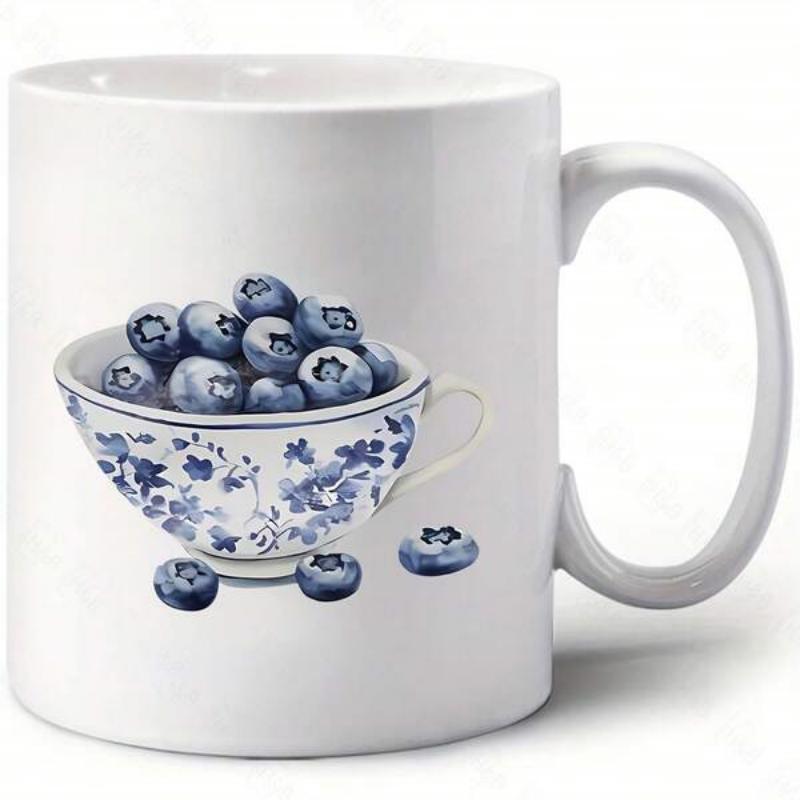 Tailorly White Ceramic 11 oz Mug - Fresh Ripe Blueberries Piled High Inside A Classic Blue Floral Porcelain Teacup Blueberries
