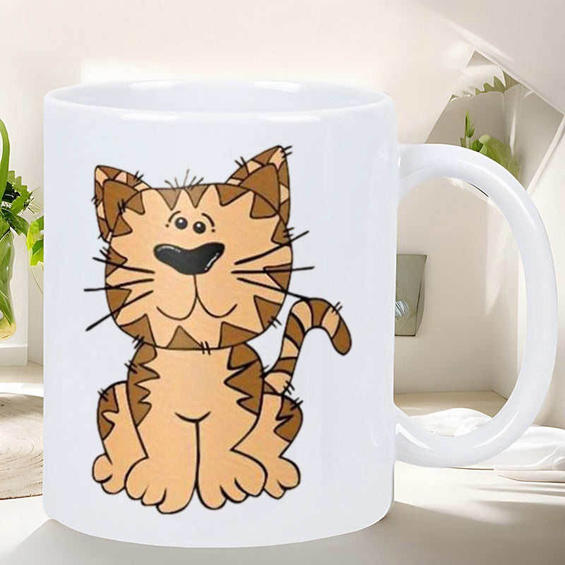 Tailorly White Ceramic 11 oz Mug - Hand Drawn Playful Ginger Sitting Cartoon With Triangular Brown Stripes Cat