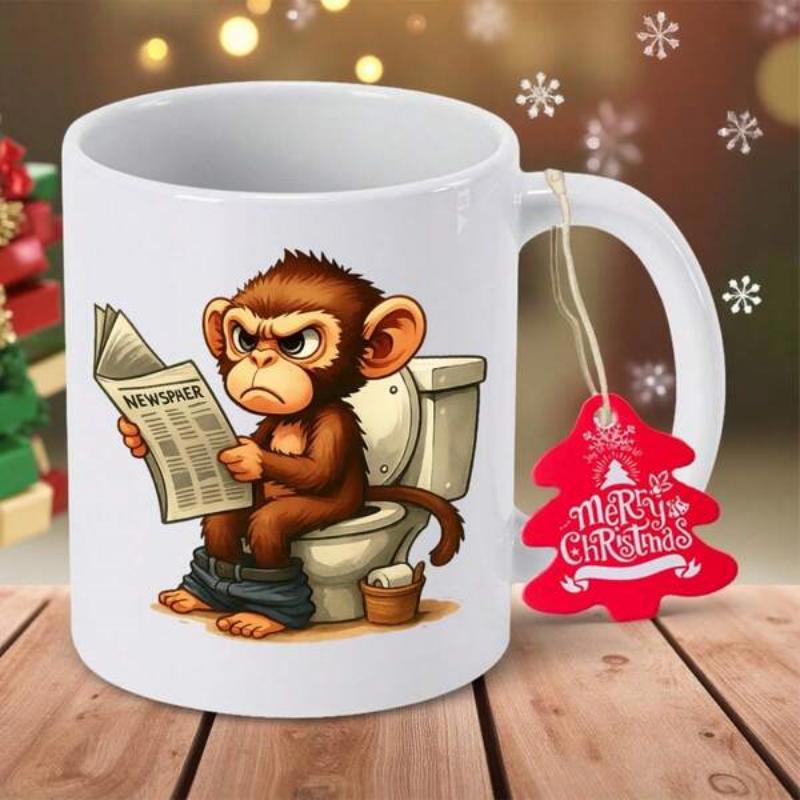 Tailorly White Ceramic 11 oz Mug - Merry Christmas Newspaper Grumpy Brown Primate Sitting On White Toilet Reading Daily Journal Monkey
