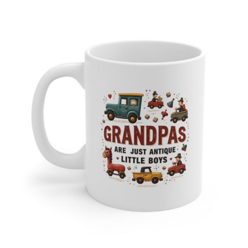 Tailorly White Ceramic 11 oz Mug - Grandpas Are Just Antique Little Boys Nostalgic Vintage Toy Cars With A Playful Rocking Horse Pattern Mug