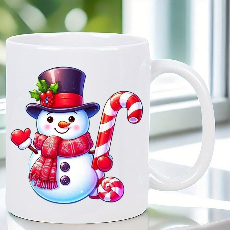 Tailorly White Ceramic 11 oz Mug - Cute Smiling Festive Winter Figure Holding A Large Striped Peppermint Candy Cane Snowman
