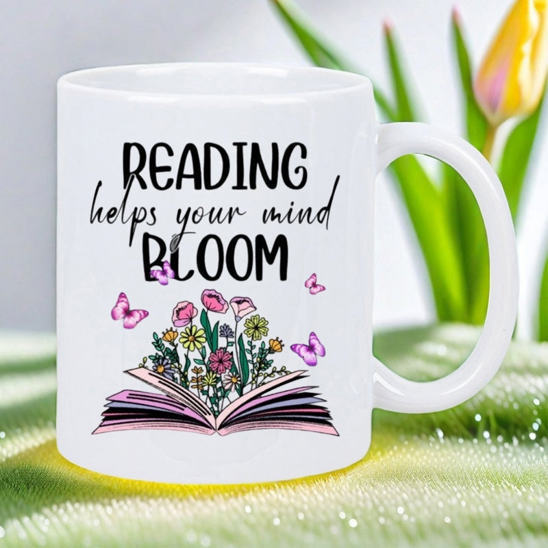Tailorly White Ceramic 11 oz Mug - Reading Helps Your Mind Bloom Vibrant Wildflowers Growing From An Open Book With Delicate Pink Butterflies Book