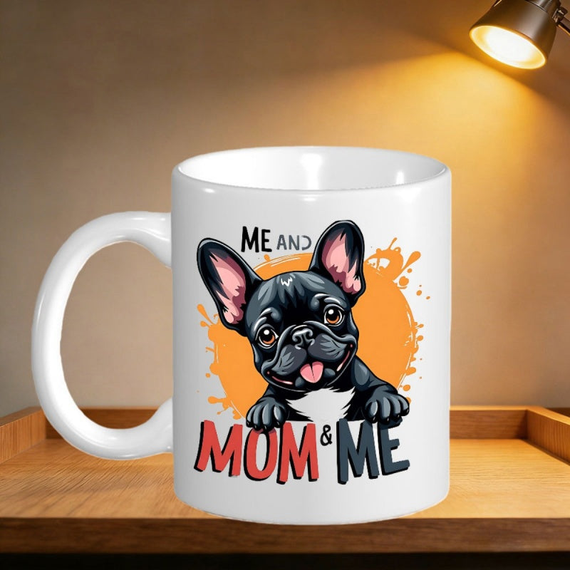 Tailorly White Ceramic 11 oz Mug - Me And Mom Me Cute French Bulldog Peeking Behind Vibrant Orange Splash Background Bulldog