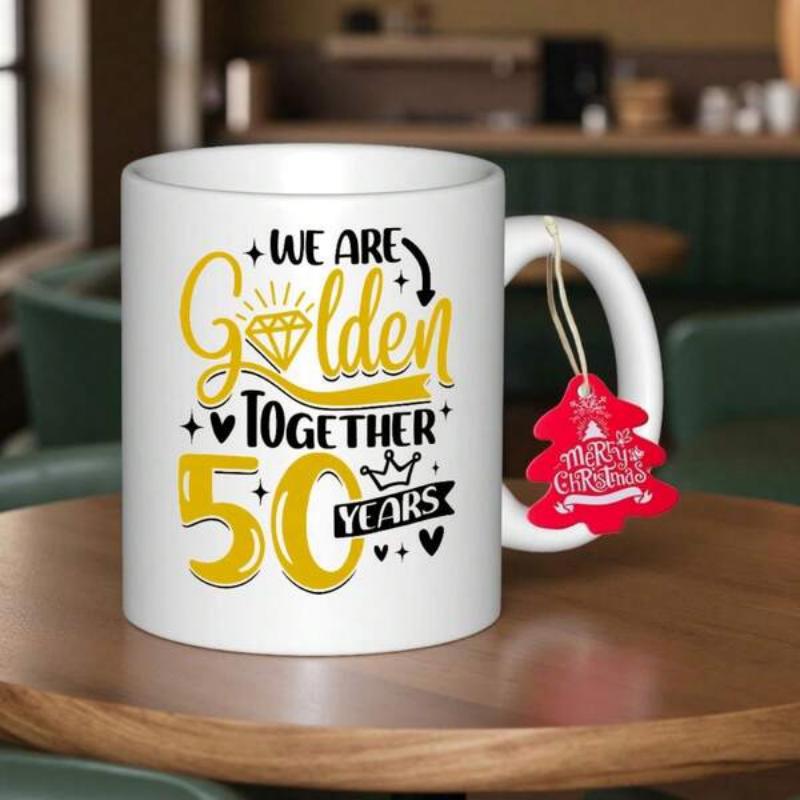 Tailorly White Ceramic 11 oz Mug - We Are Golden Together 50 Years Shining Diamond And Hearts Celebrating A Half Century Anniversary Ceramic Mug