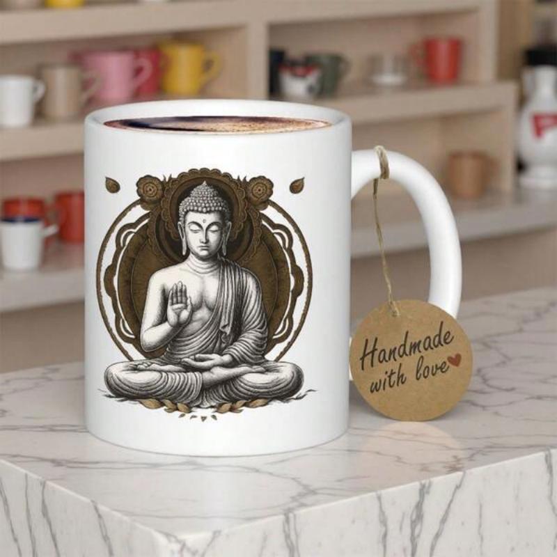 Tailorly White Ceramic 11 oz Mug - Handmade With Love Peaceful Meditating Zen Figure Sitting In Lotus Position Within Ornate Frame Buddha
