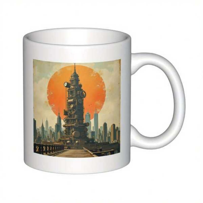 Tailorly White Ceramic 11 oz Mug - Steampunk Industrial Cityscape Under Large Glowing Orange Sun Retro Futuristic Tower