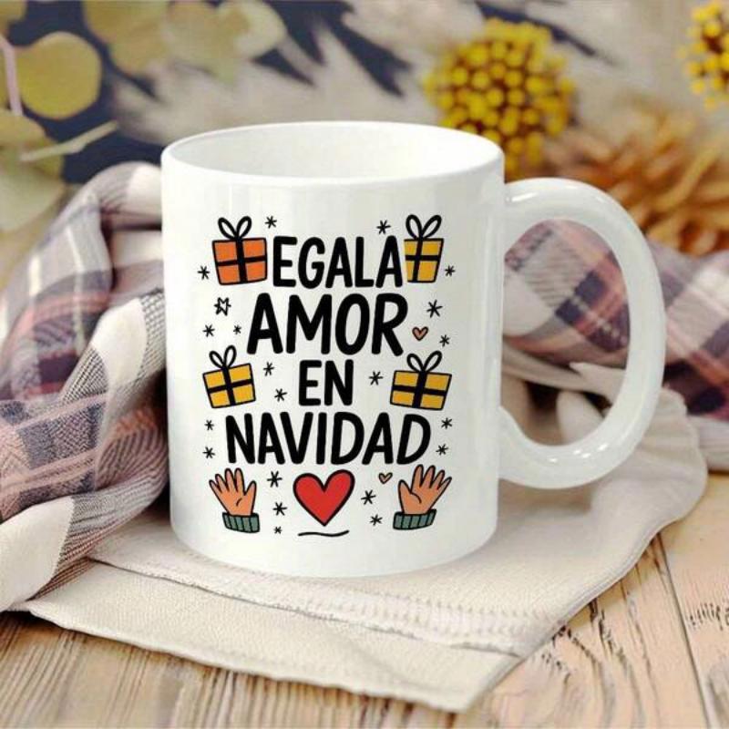 Tailorly White Ceramic 11 oz Mug - Festive Gift Boxes And A Red Heart With Friendly Reaching Hands Christmas Pattern