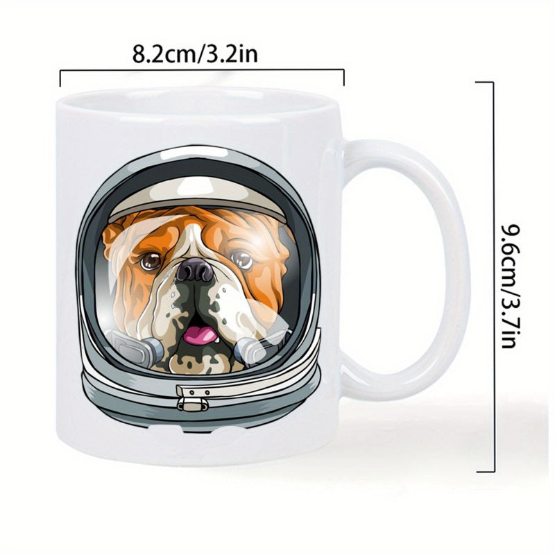 Tailorly White Ceramic 11 oz Mug - Adorable English Bulldog Wearing Detailed Metallic Astronaut Space Helmet Floating In Space Bulldog