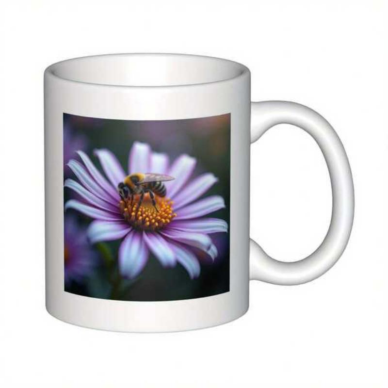 Tailorly White Ceramic 11 oz Mug - Graceful Honeybee Perched Upon Delicate Purple Petals Within A Blooming Meadow Bee