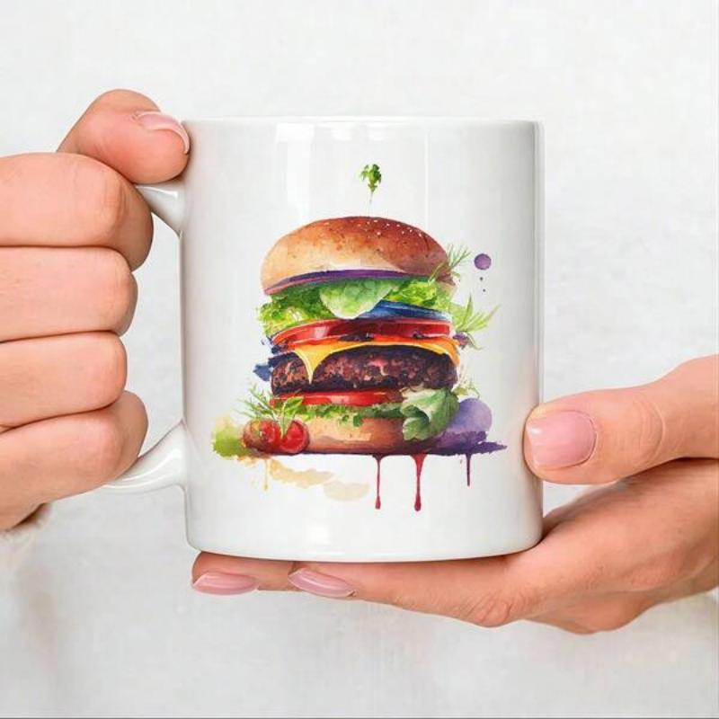Tailorly White Ceramic 11 oz Mug - Watercolor Style Delicious Beef Patty With Lettuce Tomato And Cheese Layers Burger