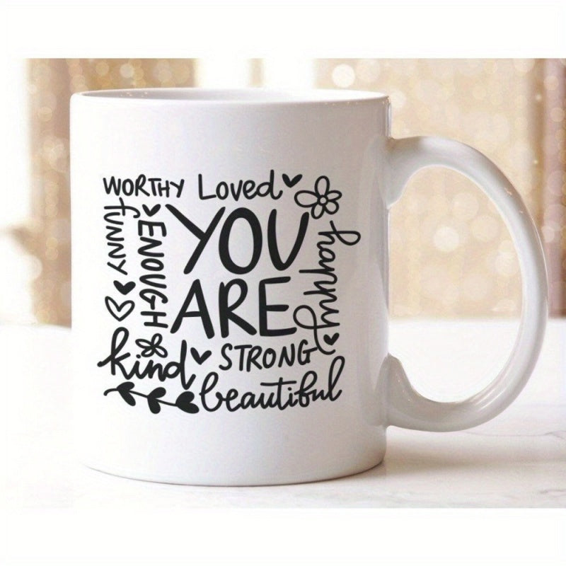Tailorly White Ceramic 11 oz Mug - Worthy Loved Funny Enough You Are Strong Kind Beautiful Happy Elegant Black Typography Arranged With Small Hearts And Floral