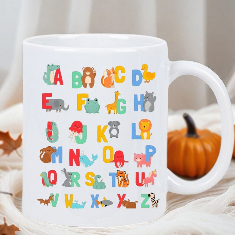 Tailorly White Ceramic 11 oz Mug - A To Z Cute Colorful Cartoon Animal Characters Integrated Within Each Capital Letter Alphabet