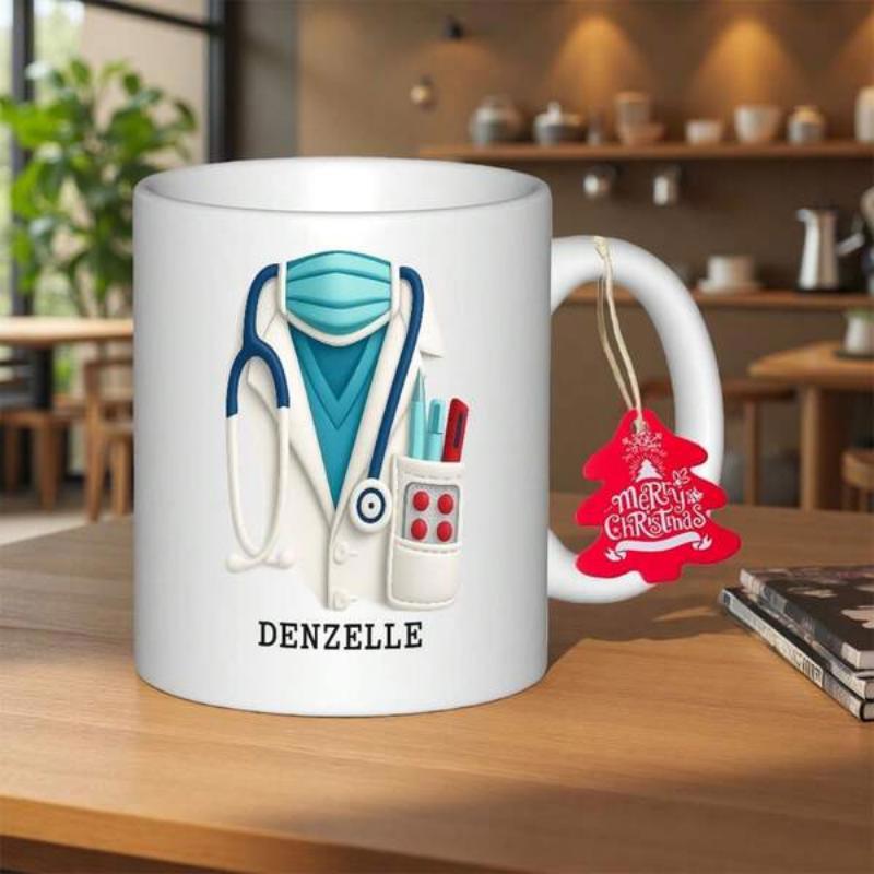 Tailorly White Ceramic 11 oz Mug - Denzelle Professional Medical Lab Coat With Stethoscope And Blue Surgical Mask Mug