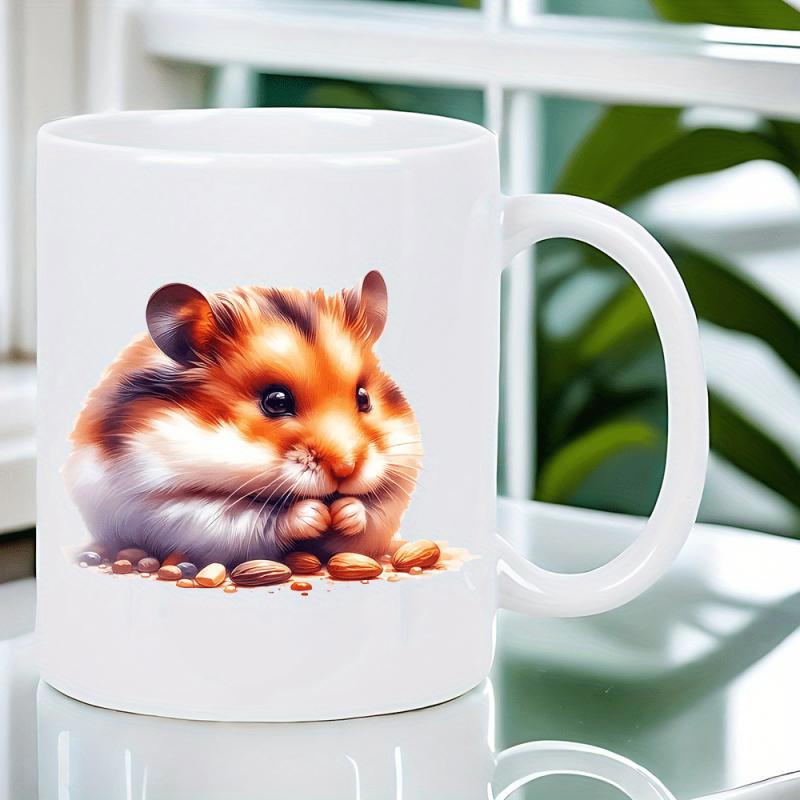 Tailorly White Ceramic 11 oz Mug - Adorable Fluffy Small Animal Sitting And Nibbling On Seeds Soft Fur Hamster