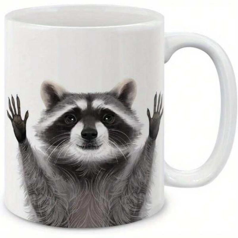 Tailorly White Ceramic 11 oz Mug - Adorable Furry Creature With Tiny Paws Raised Standing Against Plain Background Raccoon