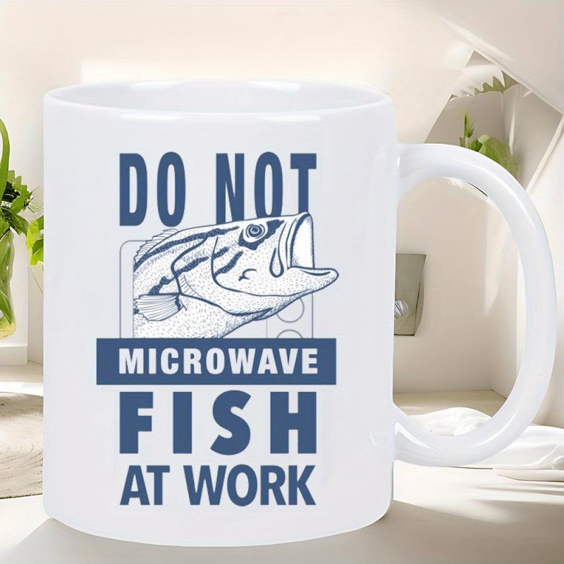 Tailorly White Ceramic 11 oz Mug - Do Not Microwave Fish At Work Blue Line Art Illustration Of Bass Jumping Inside Microwave Outline Fish