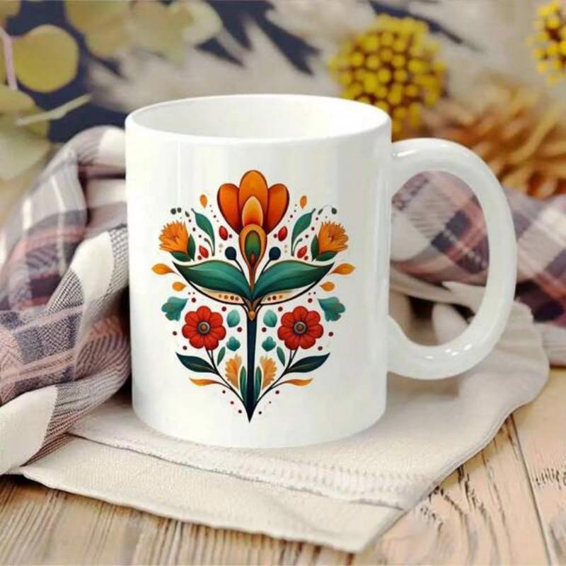 Tailorly White Ceramic 11 oz Mug - Symmetrical Folk Art Flowers Orange And Red Petals Green Leaves With Elegant Vines Flower