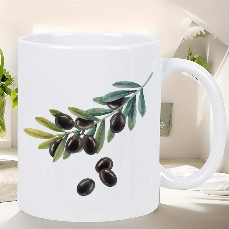 Tailorly White Ceramic 11 oz Mug - Realistic Botanical Olive Branch With Green Leaves And Ripe Dark Berries Olive