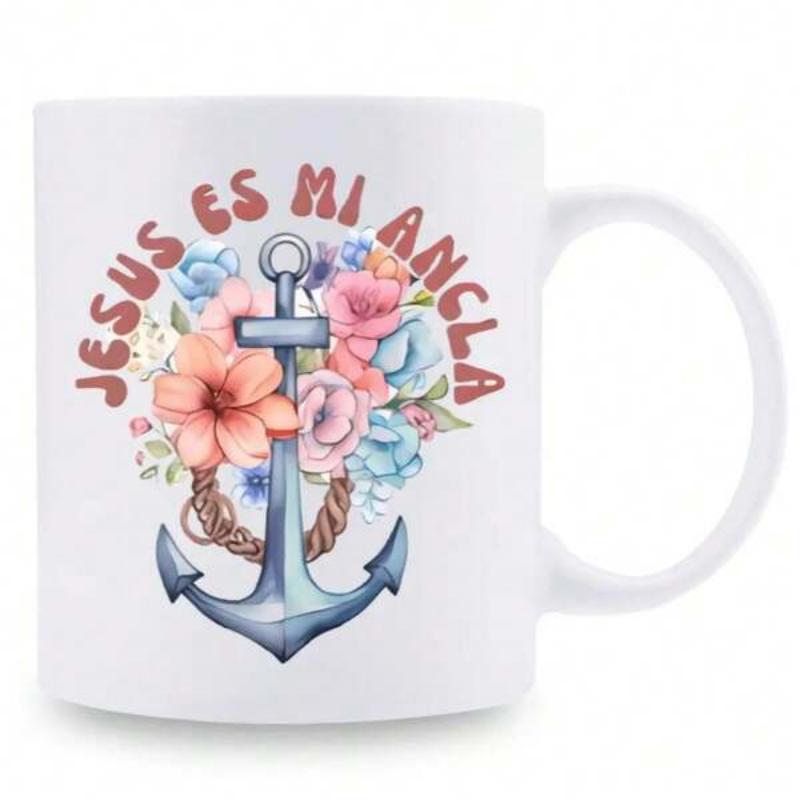 Tailorly White Ceramic 11 oz Mug - Rustic Maritime Nautical Anchor Entwined With Natural Rope Among Pastel Watercolor Flowers Anchor