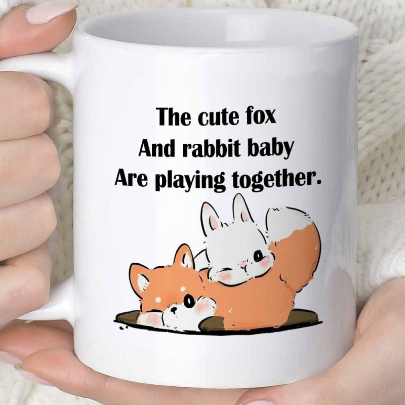 Tailorly White Ceramic 11 oz Mug - The Cute Fox And Rabbit Baby Are Playing Together Adorable Orange Fox And White Bunny Playing Together Surrounded By Minimalist