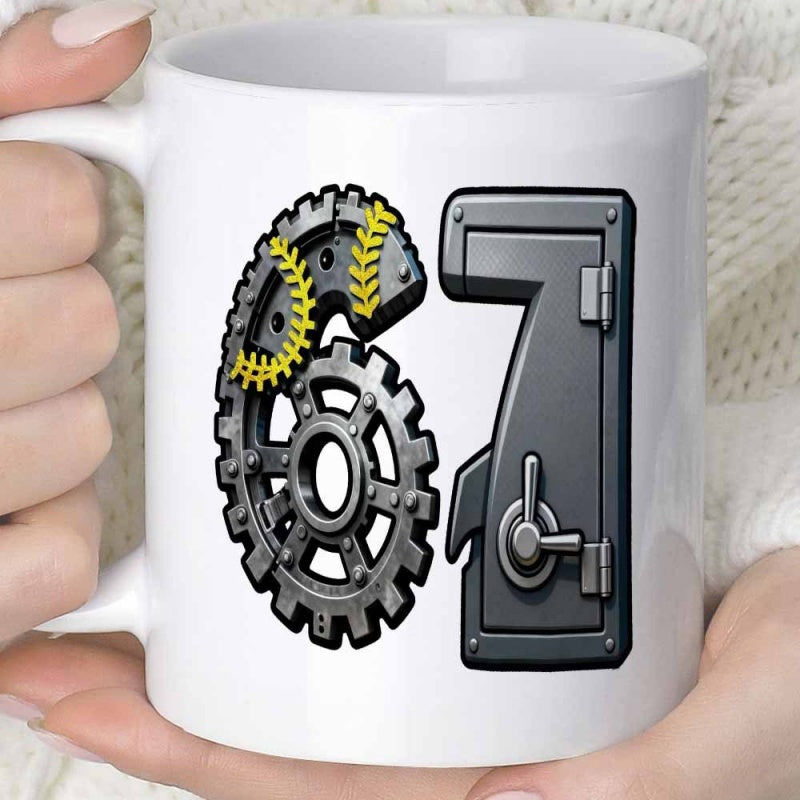 Tailorly White Ceramic 11 oz Mug - Industrial Mechanical Gears With Softball Seams And Secure Steel Vault Door Numbers