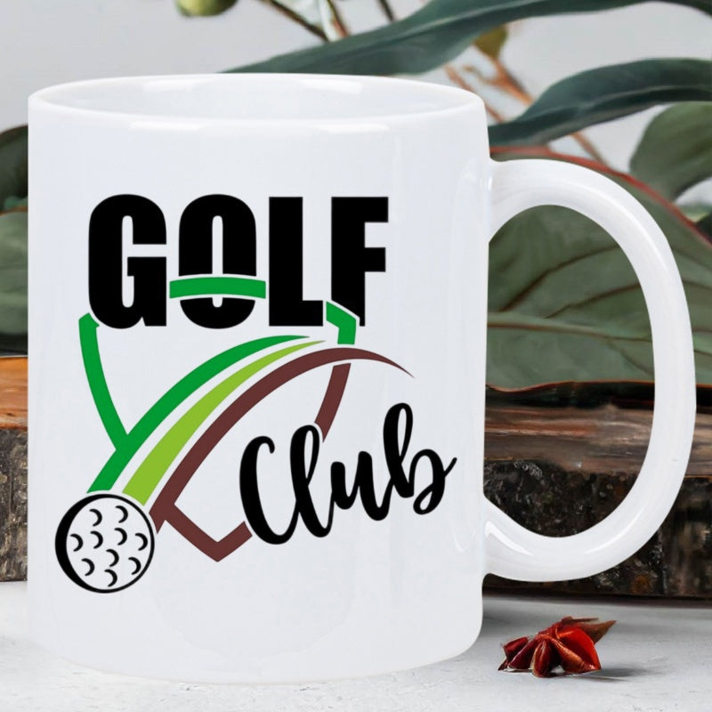 Tailorly White Ceramic 11 oz Mug - Golf Club Minimalist Green Fairway Lines Framing A Classic Textured White Sports Golf Ball