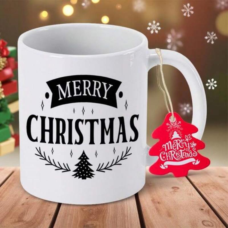 Tailorly White Ceramic 11 oz Mug - Merry Christmas Classic Holiday Banner With Stylized Pine Tree And Elegant Winter Branches Mug