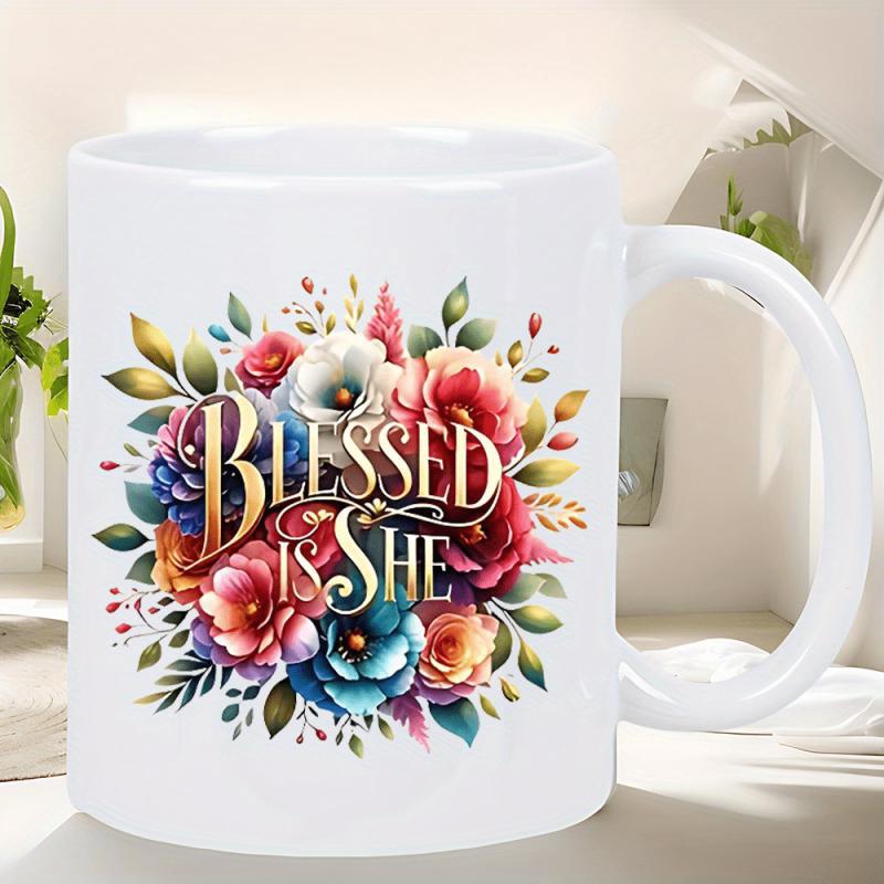 Tailorly White Ceramic 11 oz Mug - Blessed Is She Elegant Golden Script Amidst Vibrant Colorful Watercolor Garden Flower