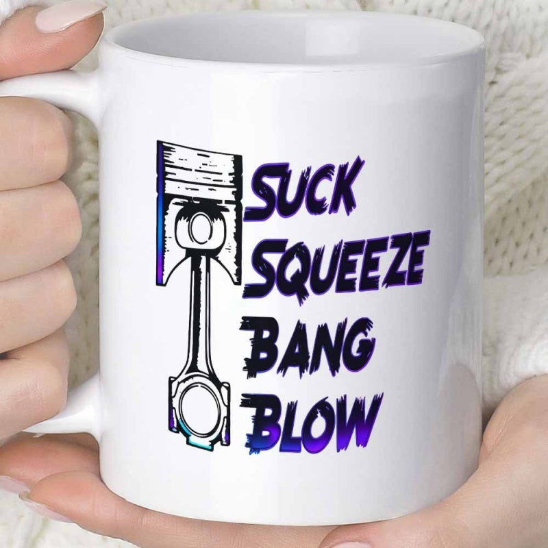 Tailorly White Ceramic 11 oz Mug - Suck Squeeze Bang Blow Mechanical Engine Components With Cosmic Galaxy Patterns Among Bold Industrial Lettering Piston