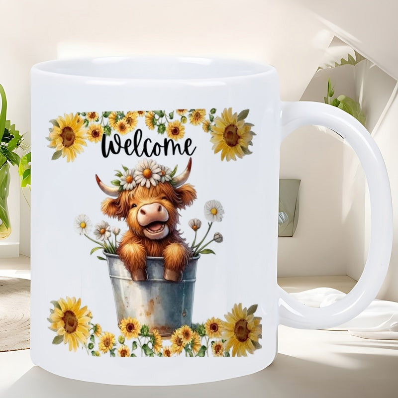 Tailorly White Ceramic 11 oz Mug - Welcome Cute Highland Cow Sitting In Bucket Among Vibrant Yellow Sunflowers Cow