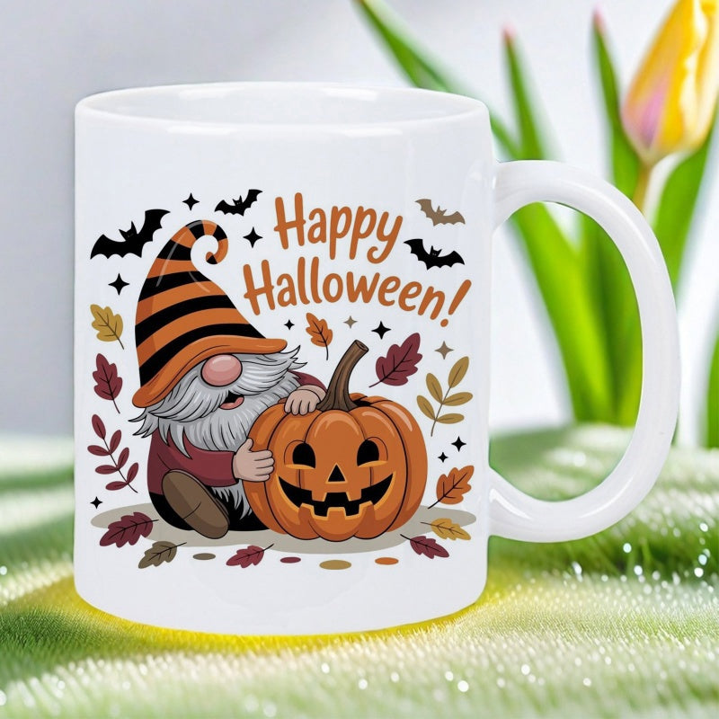 Tailorly White Ceramic 11 oz Mug - Happy Halloween Festive Character Sitting Beside A Carved Pumpkin With Flying Bats Gnome
