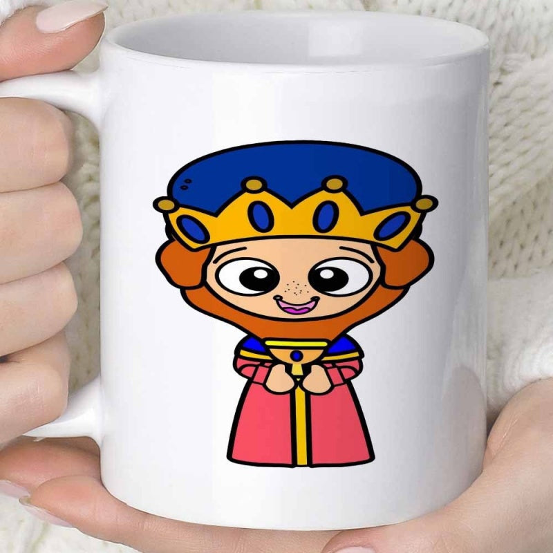 Tailorly White Ceramic 11 oz Mug - Cute Chibi Royal Character Wearing Golden Crown Holding A Royal Chalice King