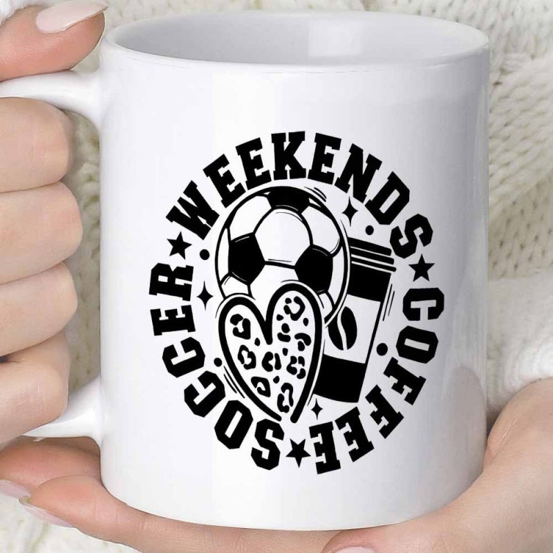 Tailorly White Ceramic 11 oz Mug - Soccer Weekends Coffee Circular Layout With Leopard Print Heart And Steaming Cup Soccer Ball