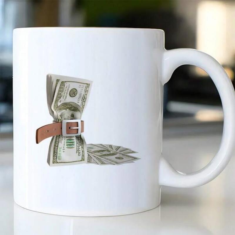 Tailorly White Ceramic 11 oz Mug - Realistic Stacked Currency Bills Tightly Cinched By A Brown Leather Belt Dollars