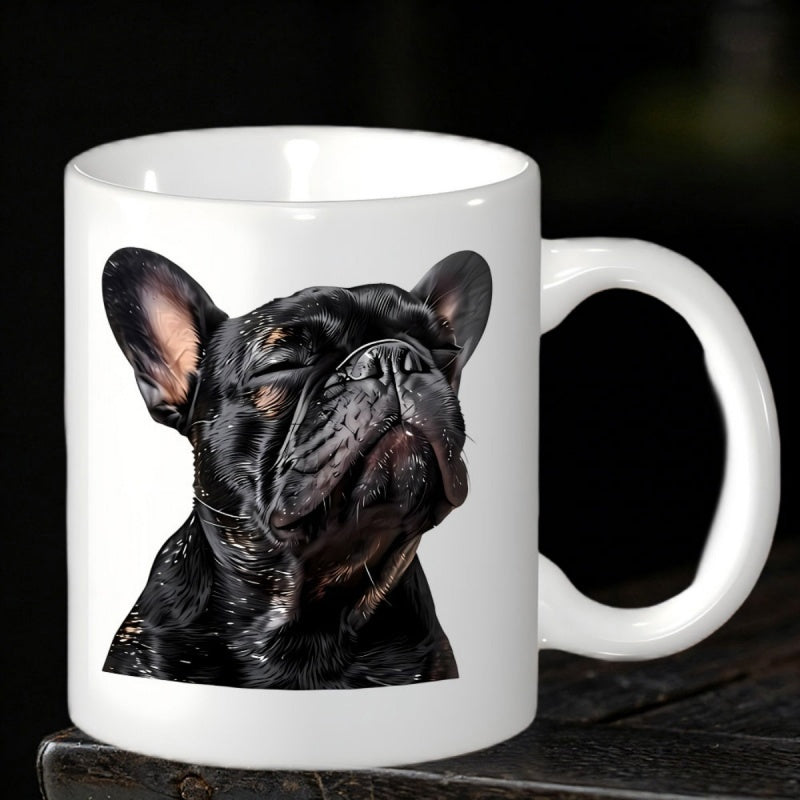 Tailorly White Ceramic 11 oz Mug - Realistic Portrait Of Black French Bulldog Head With Peaceful Closed Eyes Bulldog