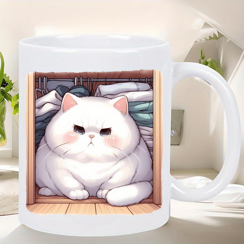 Tailorly White Ceramic 11 oz Mug - Adorably Chubby Fluffy White Feline Resting Among Folded Clothes In Cabinet Cat