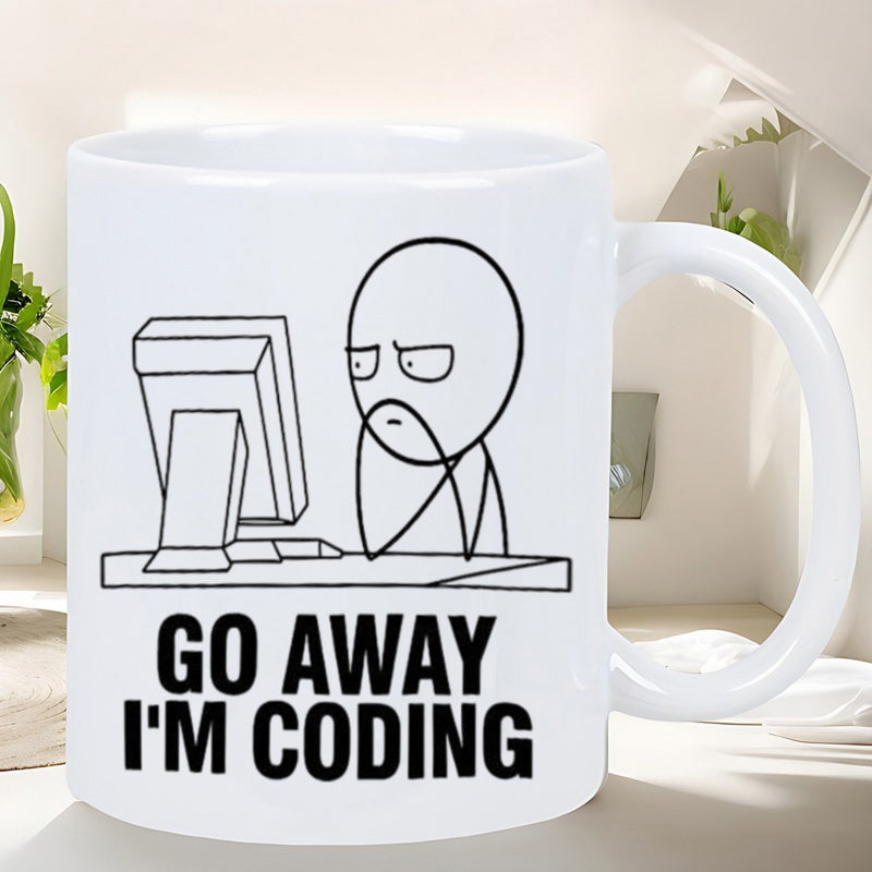 Tailorly White Ceramic 11 oz Mug - Go Away Im Coding Simple Line Art Character Sitting At Desk With Computer Programmer