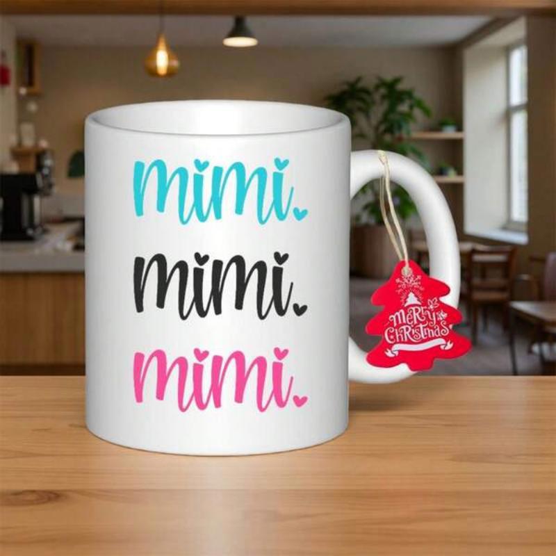 Tailorly White Ceramic 11 oz Mug - Mimi Elegant Handwritten Script With Small Hearts Decorating Three Vertical Rows Mug
