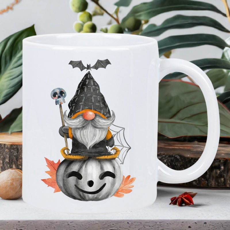 Tailorly White Ceramic 11 oz Mug - Spooky Watercolor Halloween Illustration Of A Pumpkin Under A Gnome